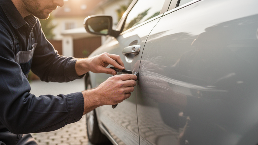 ChipsAway technician repairing a car panel on-site